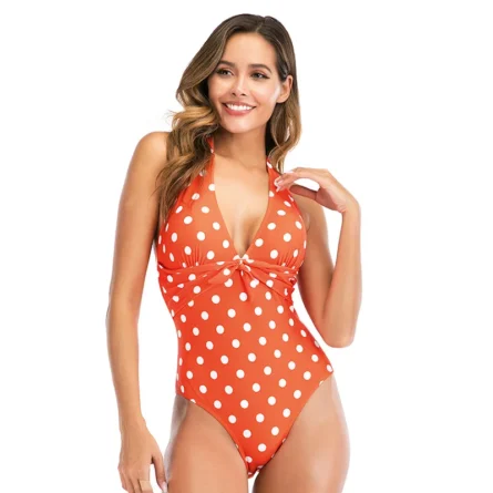 Polka Dot Halterneck One-Piece Swimsuit with Deep V & Knot Waist Detail - Image 10