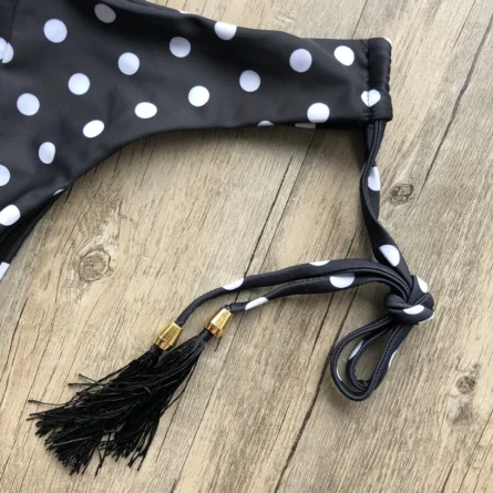Black & White Polka Dot Cheeky Bikini Set with Tassel Ties - Image 5