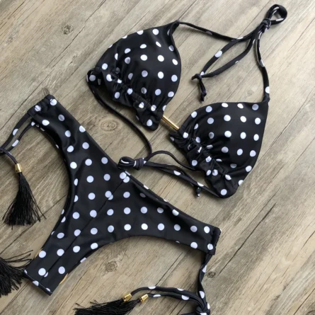Black & White Polka Dot Cheeky Bikini Set with Tassel Ties - Image 3