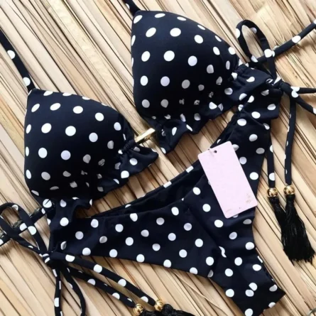 Black & White Polka Dot Cheeky Bikini Set with Tassel Ties - Image 2