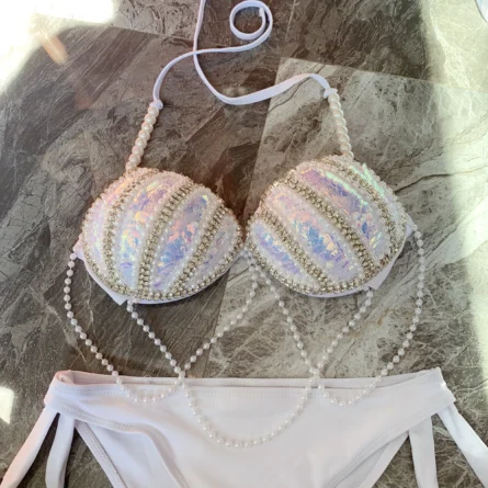 Aqua Opulence Handmade Diamond Pearl Mermaid Bikini Top - Image 2