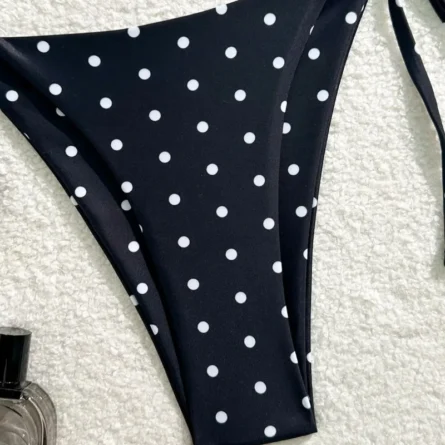 Black Polka Dot Triangle String Bikini with Gold Heart Charm - Image 5