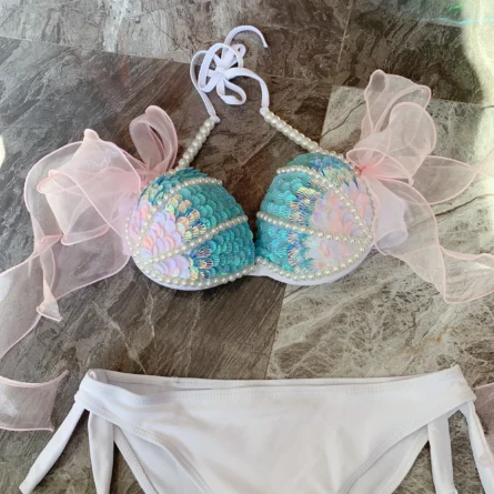 Aqua Opulence Handmade Diamond Pearl Mermaid Bikini Top - Image 5