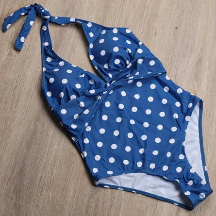 Polka Dot Halterneck One-Piece Swimsuit with Deep V & Knot Waist Detail