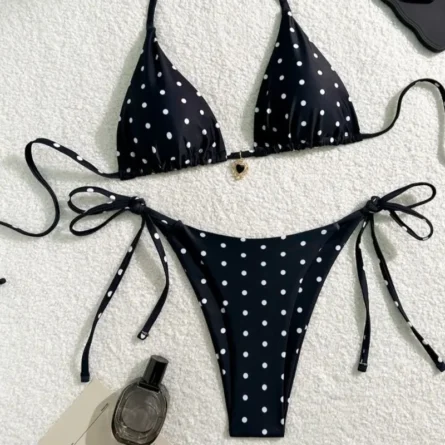 Black Polka Dot Triangle String Bikini with Gold Heart Charm - Image 2
