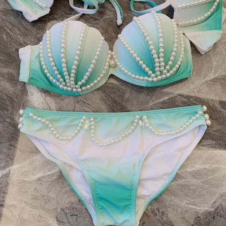 Aqua Opulence Handmade Diamond Pearl Mermaid Bikini Top - Image 3