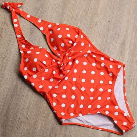 Polka Dot Halterneck One-Piece Swimsuit with Deep V & Knot Waist Detail - Image 13