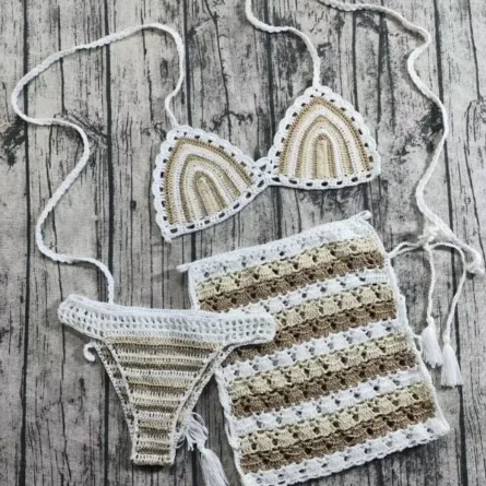 Handmade Crochet Bikini Set with Striped Pattern & Cover-Up Skirt – 3 Piece Beach Set