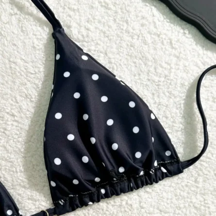 Black Polka Dot Triangle String Bikini with Gold Heart Charm - Image 10