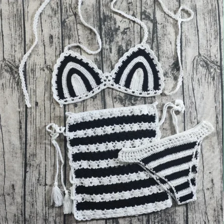 Handmade Crochet Bikini Set with Striped Pattern & Cover-Up Skirt – 3 Piece Beach Set