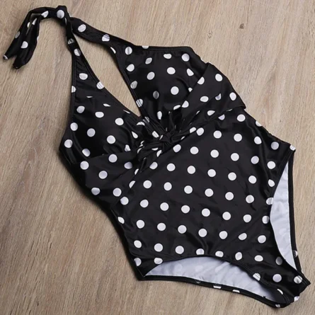 Polka Dot Halterneck One-Piece Swimsuit with Deep V & Knot Waist Detail