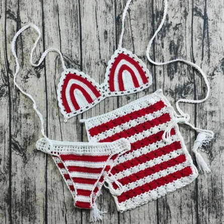 Handmade Crochet Bikini Set with Striped Pattern & Cover-Up Skirt – 3 Piece Beach Set - Image 5