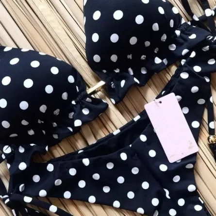 Black & White Polka Dot Cheeky Bikini Set with Tassel Ties - Image 1