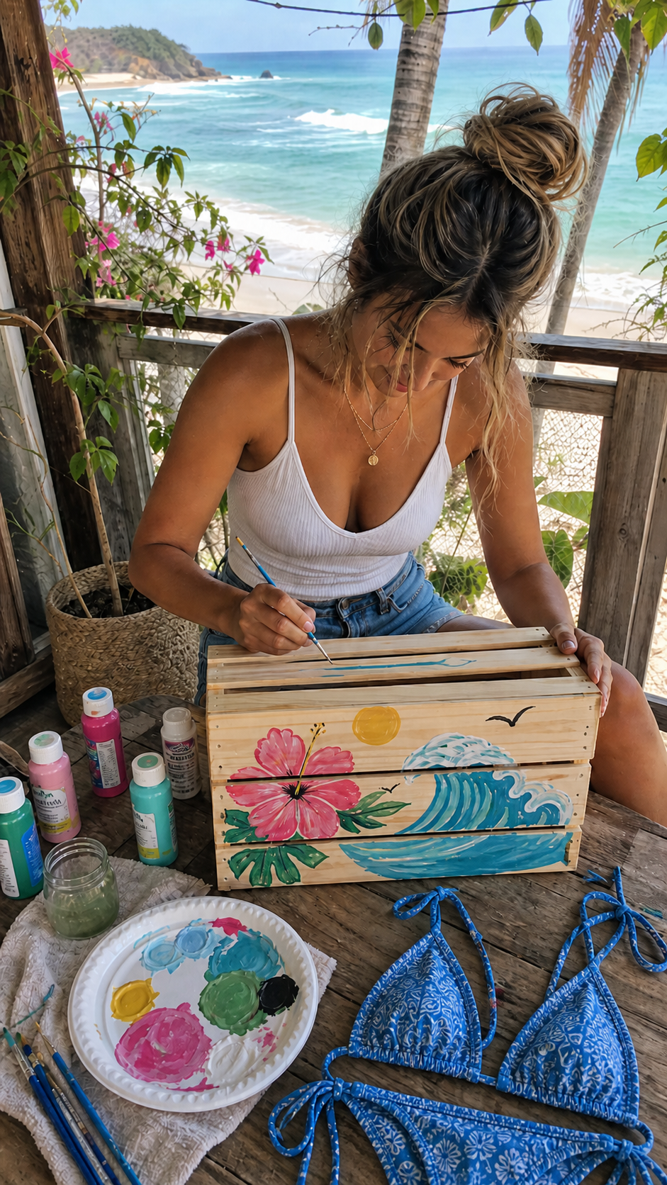 Hand-painted wooden bikini box with tropical summer designs used for storing swimwear and beach accessories.