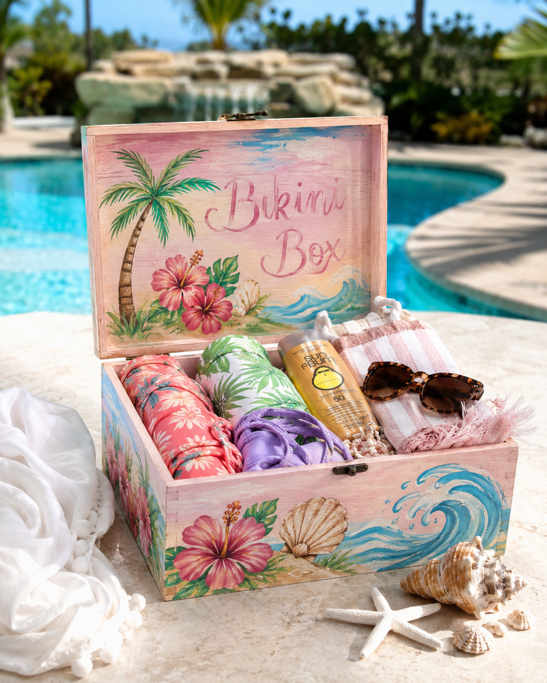 Finished DIY bikini box styled outdoors with beach towels, bikinis, sunglasses, and summer accessories.