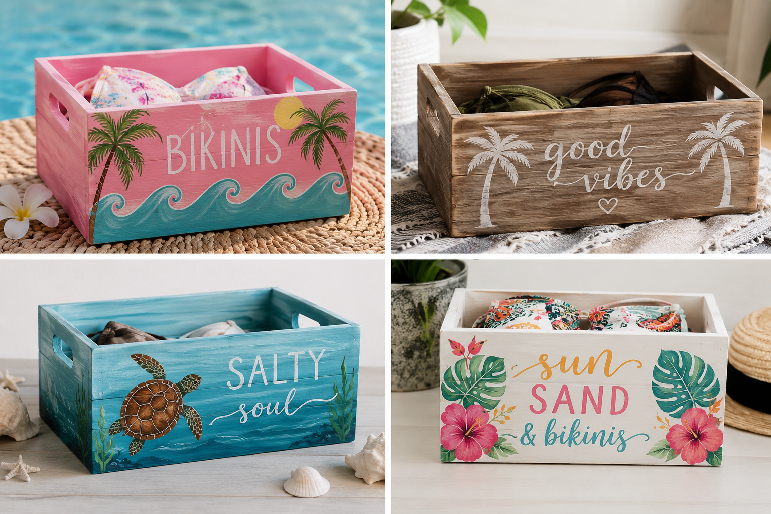 Different DIY bikini boxes painted with tropical, ocean, rustic, and summer lettering designs.