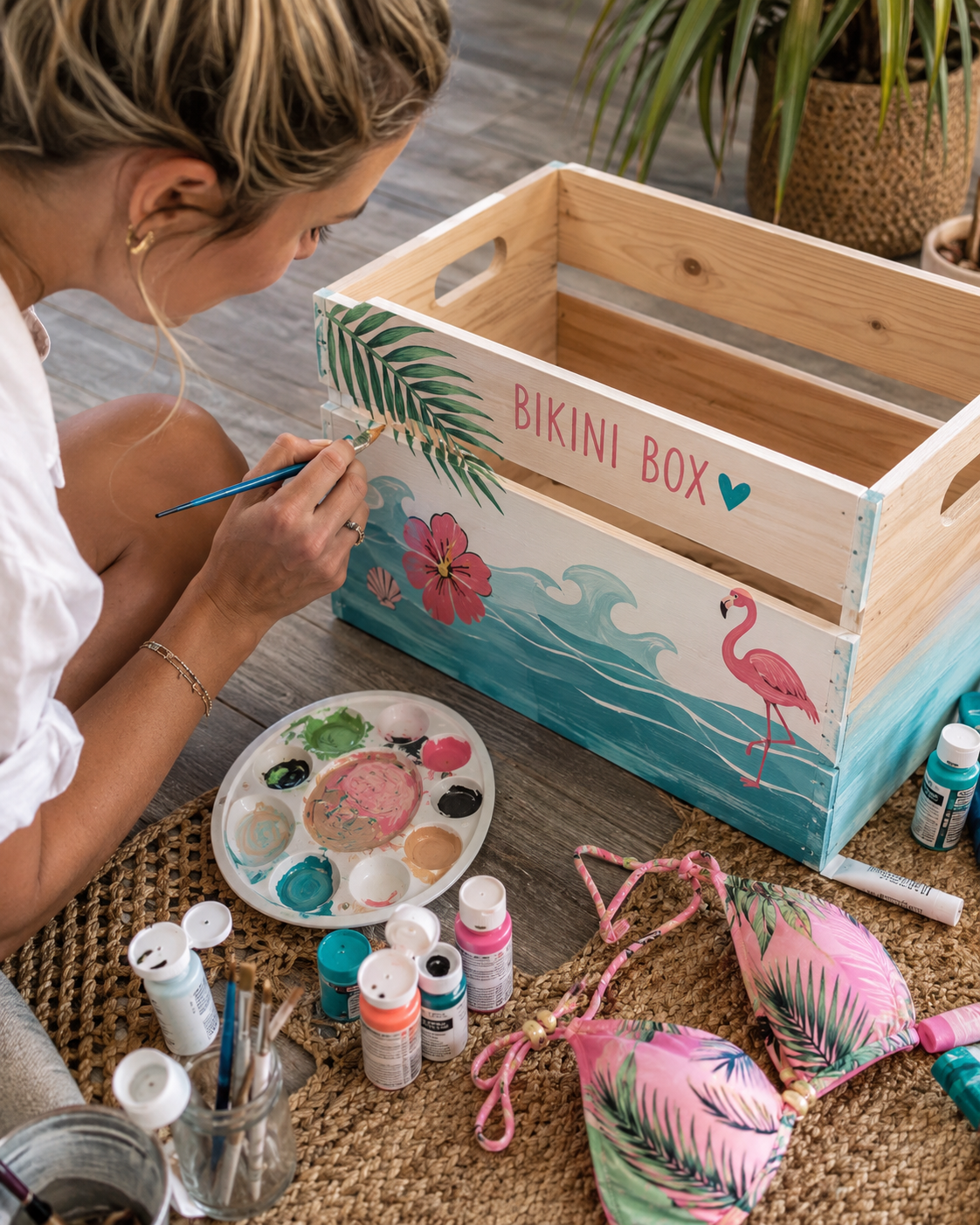 Person painting a DIY bikini box with acrylic paint and tropical designs on a wooden crate.