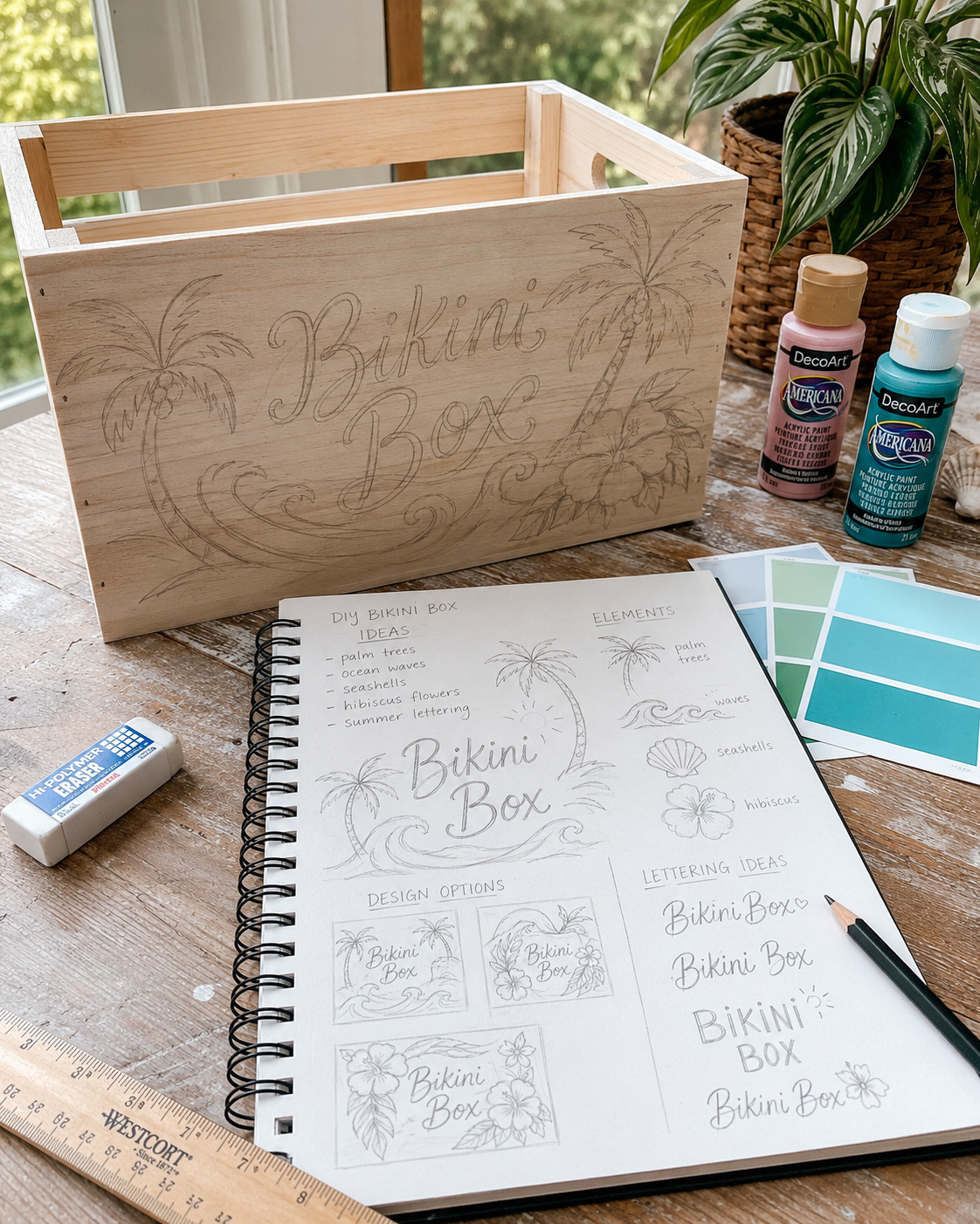 Planning a hand-painted bikini box design with pencil sketches of palm trees, waves, and summer lettering.