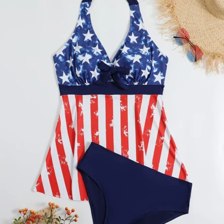 Star-Spangled Retreat Plus Size American Flag Halter Tankini - Image 2