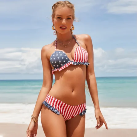 Fireworks Spirit Denim Ruffle American Flag Bikini Set - Image 5