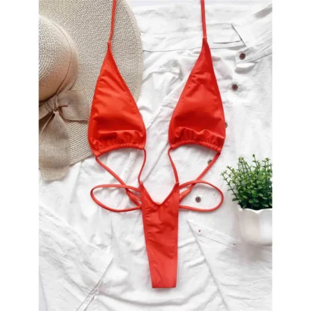 Poolside Criss-Cross Red Strappy Thong One-Piece Swimsuit