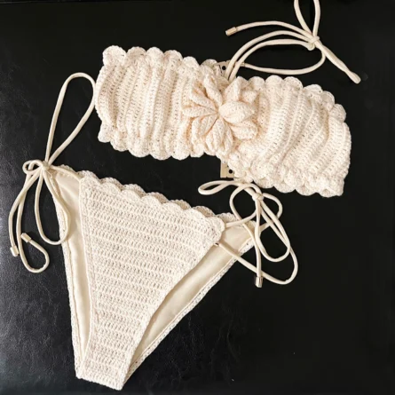 Sunlit Stroll Handmade Crochet Bikini Set with Flower Detail - Image 2