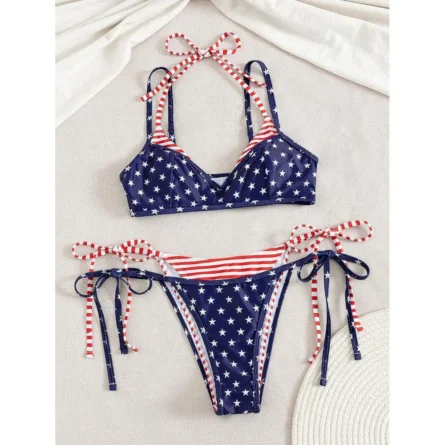 Stars & Stripes Double Layered Halter Bikini Set with Side-Tie Briefs - Image 5