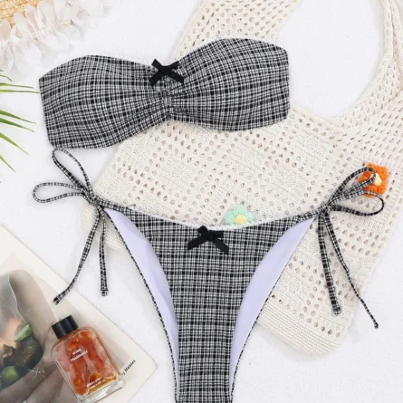 Plaid Charm Strapless Bikini with Bow Accents - Image 5