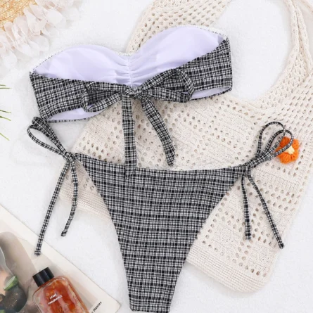 Plaid Charm Strapless Bikini with Bow Accents - Image 6