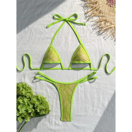 Neon Green Lace Underboob Micro Thong Bikini - Image 2